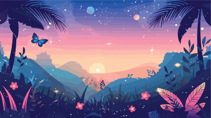 Fototapeta na wymiar fantasy landscape with sparkles and butterfly flat vector