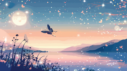 fantasy landscape with sparkles and butterfly flat vector