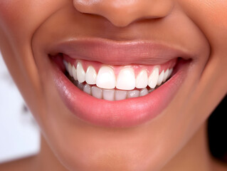 Close up of a happy woman's mouth with healthy teeth on a white background