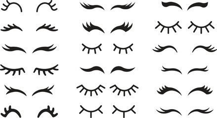 Set of Closed eyes with eyelashes cute icons for cartoon character illustration. Sleep girl or unicorn long eyelash line flat simple face part graphic makeup mascara symbols on transparent background. © M