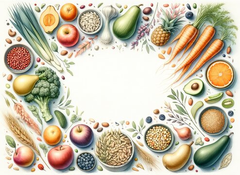 An array of nutritious plant-based foods artistically arranged in a frame layout, depicted in watercolor with ample copy space.