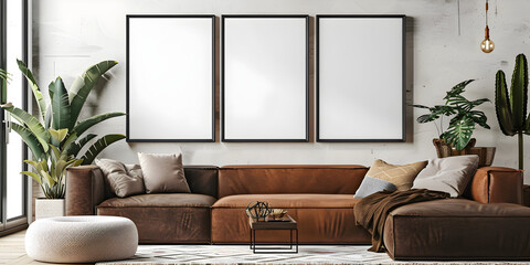 moderan living room interior with white sofa and plante , Stylish Interior: Modern Living Room with White Sofa and Greenery