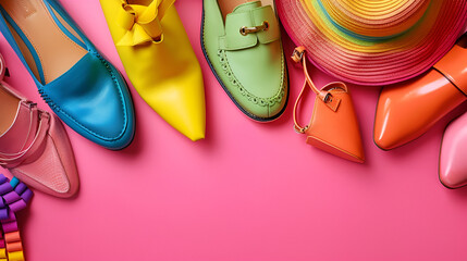 Colorful handbags purses shoes and hats isolated on a pink background, generative Ai - obrazy, fototapety, plakaty