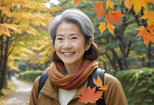 Japanese senior woman with autumn leaves and a smile colorful background