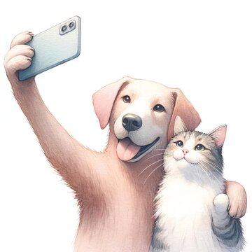 Dog and Cat Selfie Pals Watercolor Illustration