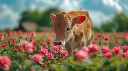 Calf in blooming flowers.
