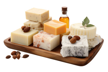 A wooden tray is filled with an assortment of differently shaped and colored soaps. Some soaps are round, others are rectangular. Isolated on a Transparent Background PNG.