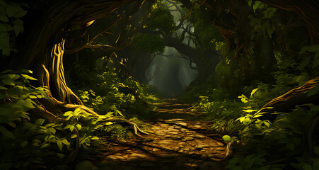 there is a path in the jungle with trees