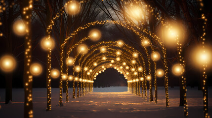 Charming tunnel of twinkling lights - obrazy, fototapety, plakaty