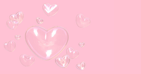 LOVE SHAPE   3d render  Beautiful shiny pink soap bubbles . Gradient  LOVE day on pink background