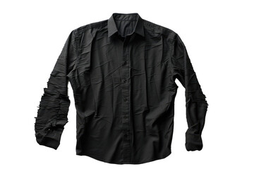 A black shirt with delicate ruffled sleeves is displayed on a clean white background, showcasing the intricate details of the garment. Isolated on a Transparent Background PNG.