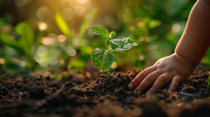 Fototapeta premium The child is planting a tree and gently holding soil and a growing plant.