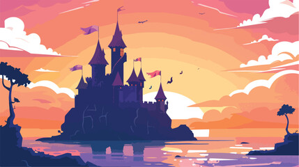 Fry Tale Castle At Sunset flat vector isolated on whit - obrazy, fototapety, plakaty