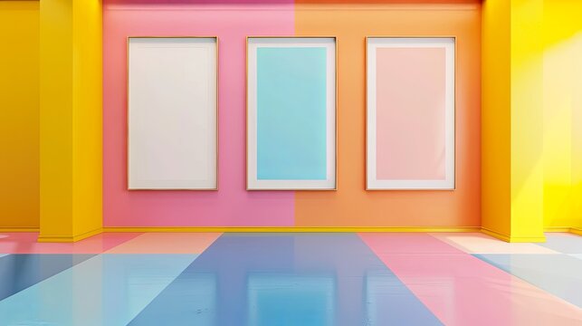 Colorful learning rooms for pre-primary students or young children blank mockup frames on painted colorful wall of kindergarten or children playroom, display and show mockup concept, copy space. 