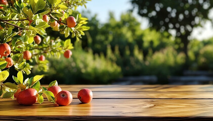 Apple orchard. Red apples on tree in garden near wood table with copy space. Harvesting apples. Summer fruits. Homemade fresh juice. Fruit picking season. Healthy organic food. Wooden desktop mockup