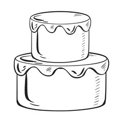 A monochrome illustration of two stacked cakes with frosting