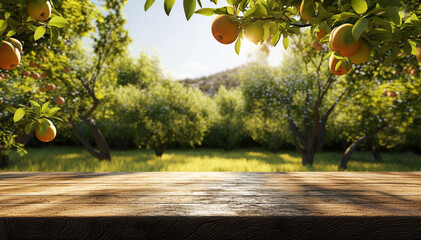 Apple orchard. Red apples on tree in garden near wood table with copy space. Harvesting apples. Summer fruits. Homemade fresh juice. Fruit picking season. Healthy organic food. Wooden desktop mockup - obrazy, fototapety, plakaty