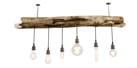 Wood Slab Pendant Chandelier. Rustic Hanging Lighting For Dining Room. Decorative antique edison style filament light bulbs. Realistic vintage glowing light bulbs