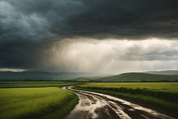 A country road with rain clouds background