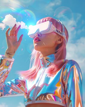 Stylish woman with pink hair touching light. Vibrant and colorful portrait of a young fashionable woman with pink hair and holographic clothing