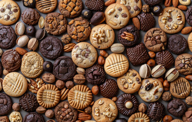 Assorted cookies and chocolates with nuts, a top view of a delicious variety perfect for sweet treats and dessert concepts. This image is ideal for showcasing texture and indulgence