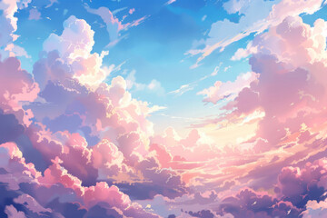 Fototapeta na wymiar Vibrant and colorful digital illustration of a dreamy sky with fluffy clouds painted in shades of pink, blue, and purple. This artwork evokes feelings of wonder, serenity, and the infinite beauty of n