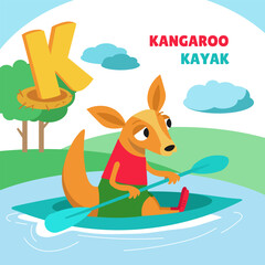 Letter K. Alphabet, card with cute cartoon style characters. Kangaroo and kayak. ABC. Education for children. Preschool activity. Vector illustration.