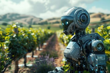 AI robot works in vineyards - obrazy, fototapety, plakaty