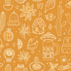 vibrant orange seamless pattern, line art mexican symbols and icons