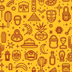 vibrant orange seamless pattern, line art mexican symbols and icons