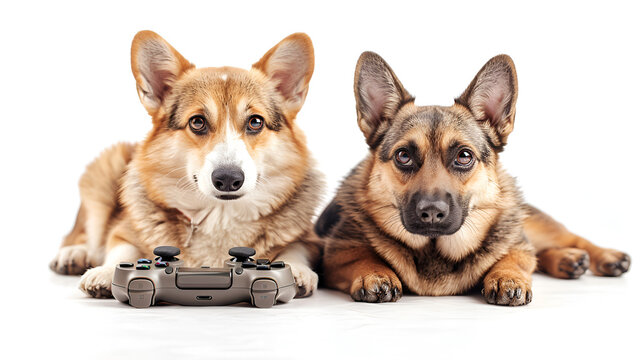 two dog sitting together and playing video game, generative Ai