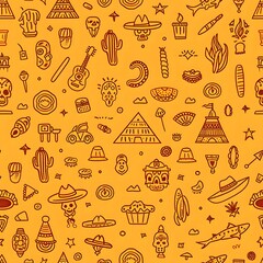 vibrant orange seamless pattern, line art mexican symbols and icons