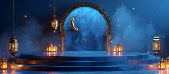 Islamic Ramadan Kareem display podium with Arabian lantern and crescent moon, perfect for religious invitations and celebrations.