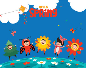 "Experience the vibrant essence of spring with our 'Hello Spring' vector featuring adorable children adorned in whimsical costumes surrounded by cheerful flora. Dive into a world of joy and freshness!