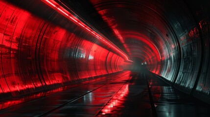 The image captures a dystopian scene of an underground tunnel, bathed in haunting red neon light...