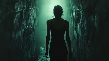 A woman's silhouette stands at the start of a narrow, dimly lit corridor, with a mysterious light beckoning from the end.