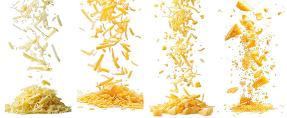 Collection of PNG. Falling grated cheese isolated on a transparent background.