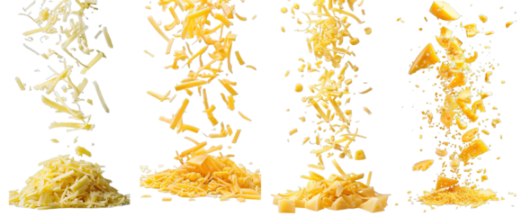 Collection of PNG. Falling grated cheese isolated on a transparent background.