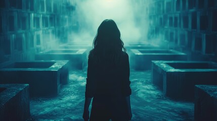 A person stands silhouetted against the eerie glow of a mist-filled maze in the quiet of the night.