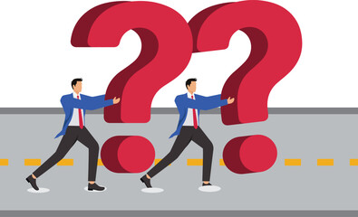 Conquer adversity, problem solving, teamwork, breakthroughs, isometric two businessmen trying to push and support to prevent the collapse of the giant question mark