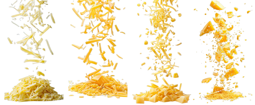 Collection of PNG. Falling grated cheese isolated on a transparent background.