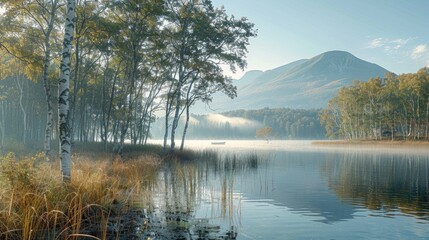 Peaceful morning at the forest lake