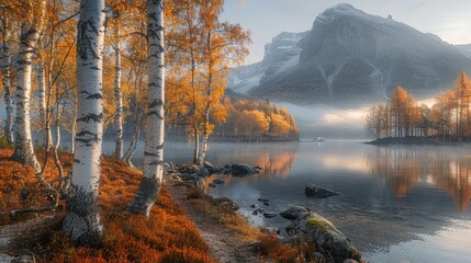 Golden sunrise over a misty mountain lake