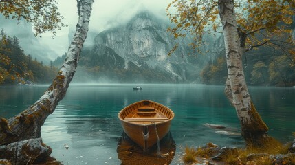 Autumnal mountain lake with rowboat