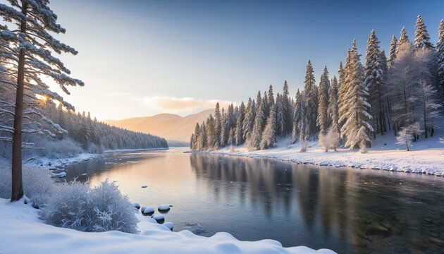 Snowy winter landscape of a snow-covered forest and river in the mountains at sunset colorful background