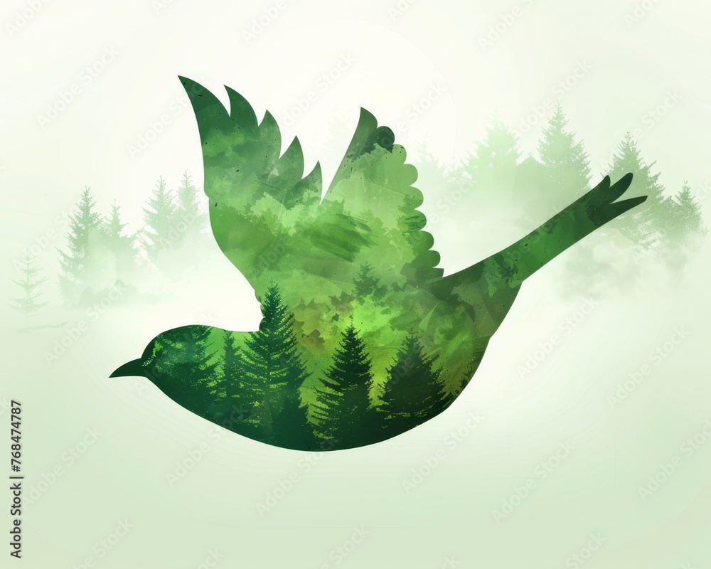 Wall mural bird icon combined with forest canopy texture, promoting the protection of avian habitats,