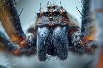 Detailed examination of a spider's fang, revealing its venom delivery system, - obrazy, fototapety, plakaty