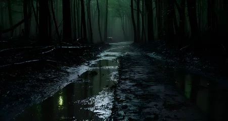  a road with muddy puddles in a dark wooded area © Henry