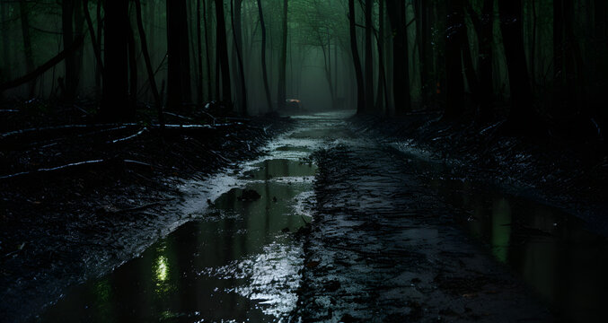 a road with muddy puddles in a dark wooded area