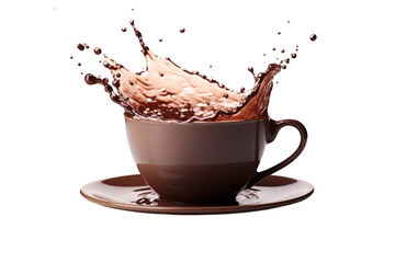 A coffee cup filled with chocolate is shown with a splash of the rich liquid overflowing from the brim, creating a visually striking moment frozen in time. Isolated on a Transparent Background PNG.